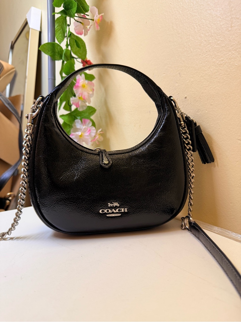 Coach Carmen Mini Black Leather Crescent Shoulder Bag with Chain Strap